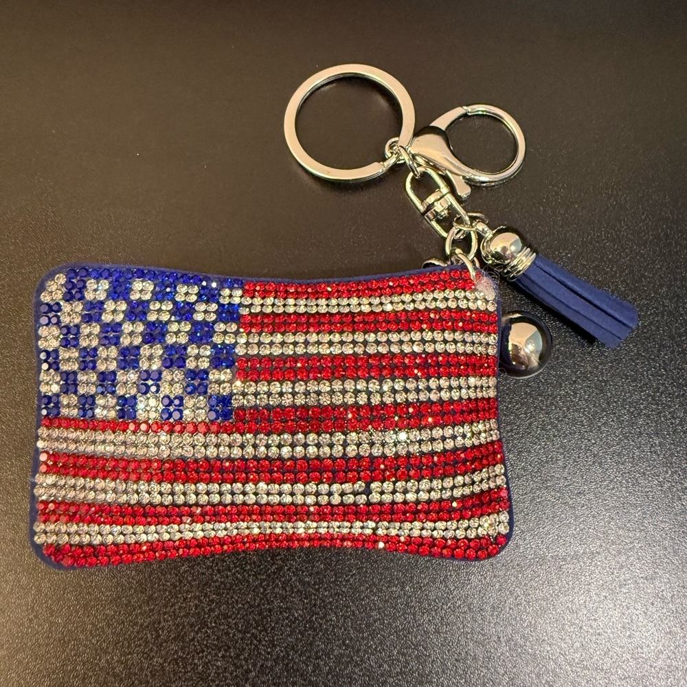 Rhinestone Heart and Flag Purse Charm Keychain - NWT (Pick One) - Picture 2 of 7
